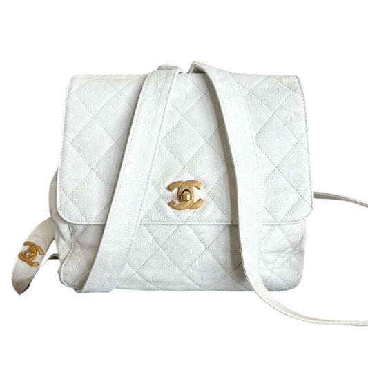 CHANEL 24K Vintage Caviar Quilted Classic Backpack White Ivory Purse