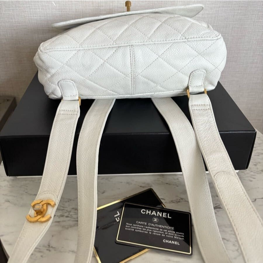 CHANEL 24K Vintage Caviar Quilted Classic Backpack White Ivory Purse