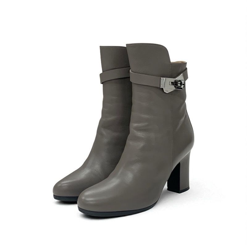 Hermes Boots Short Shoes Leather Grey Silver Kelly Hardware