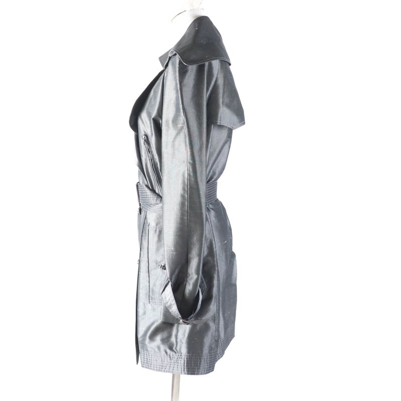 CHANEL 08A P33859 100% Silk Logo Buckle Mid Length Trench Coat Gray 38 Made In