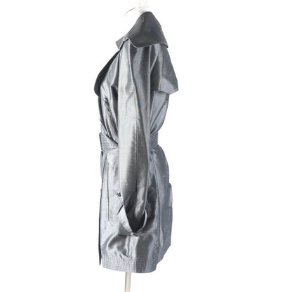 CHANEL 08A P33859 100% Silk Logo Buckle Mid Length Trench Coat Gray 38 Made In