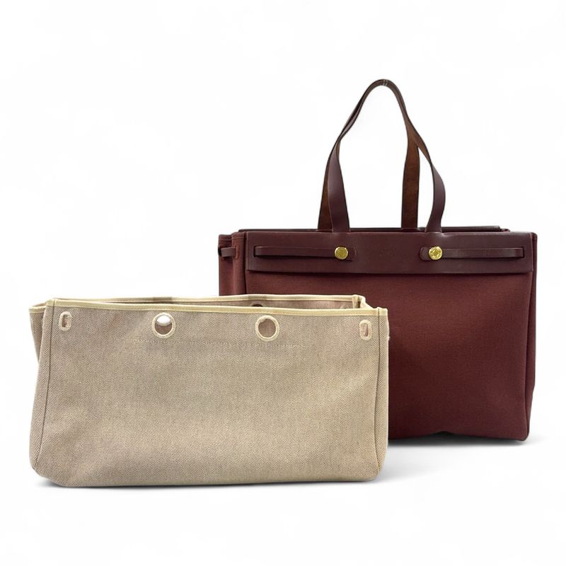 Hermes Herbag Cabas Su GM □F Engraved Leather × Canvas Brown Shoulder Bag Gold