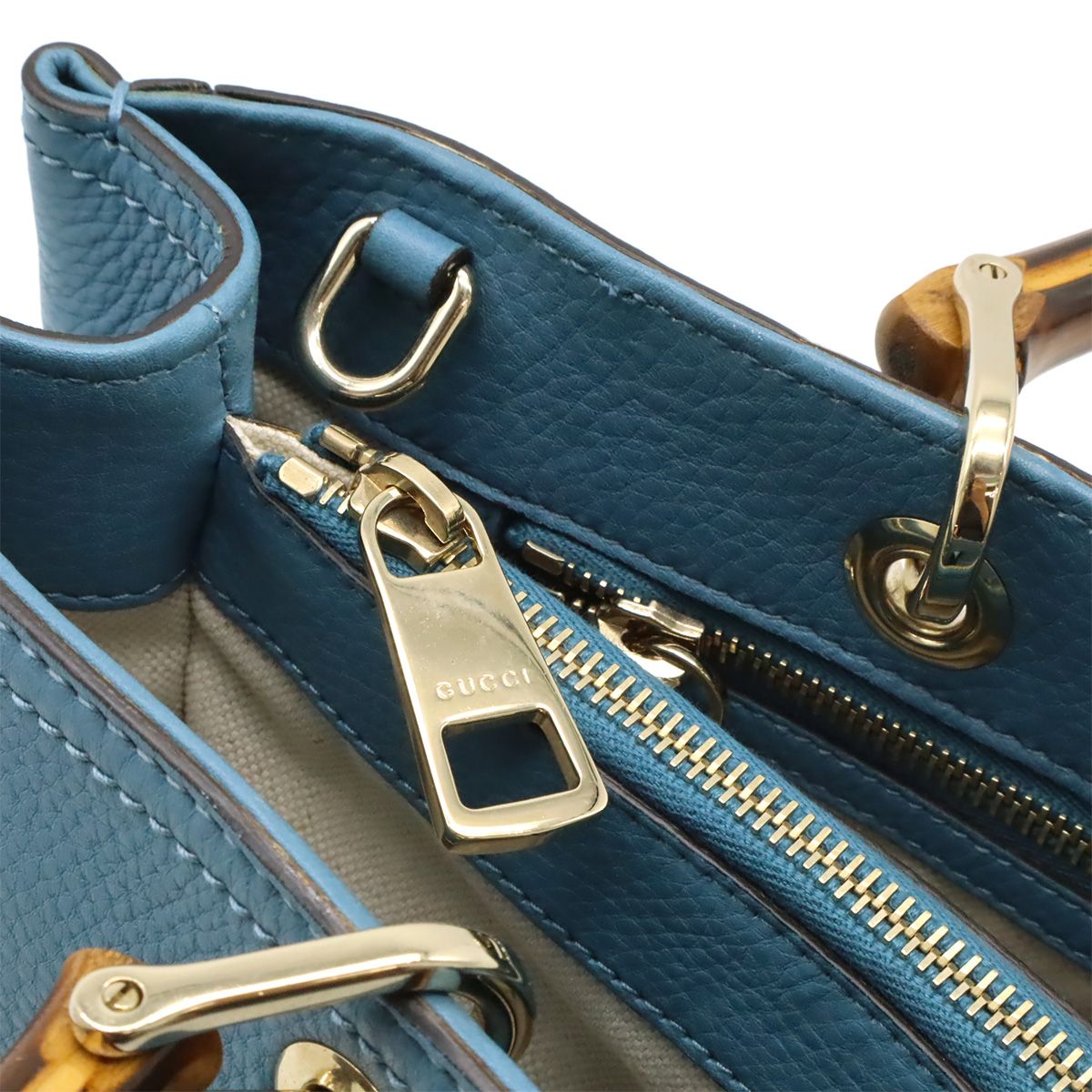 Gucci Bamboo Shopper Medium Size Leather Tote Handbag 2WAY Shoulder Bag Blue
