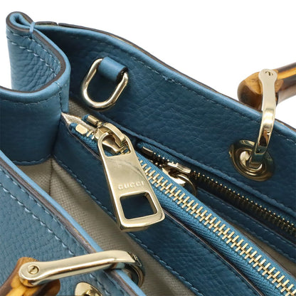 Gucci Bamboo Shopper Medium Size Leather Tote Handbag 2WAY Shoulder Bag Blue