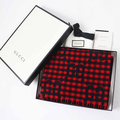 Gucci 644365 Wool Jumbo GG Checked Jacquard Scarf With Fringe Red Black 240 X