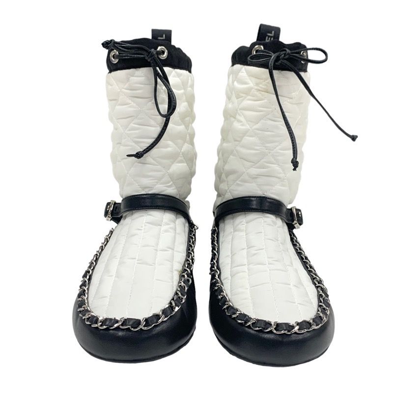 Chanel Boots Short Boots Shoes Nylon Leather White Black Matelasse Chain Belt