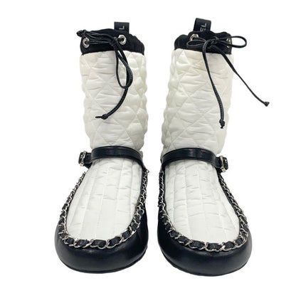 Chanel Boots Short Boots Shoes Nylon Leather White Black Matelasse Chain Belt