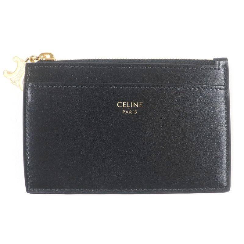 Celine 10m083fvo Zipped Card Holder Calfskin Triomphe Gold Charm Business Card