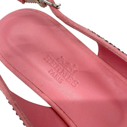 Hermes Flat Shoes Suede Pink Unused Ring Back Rhinestone