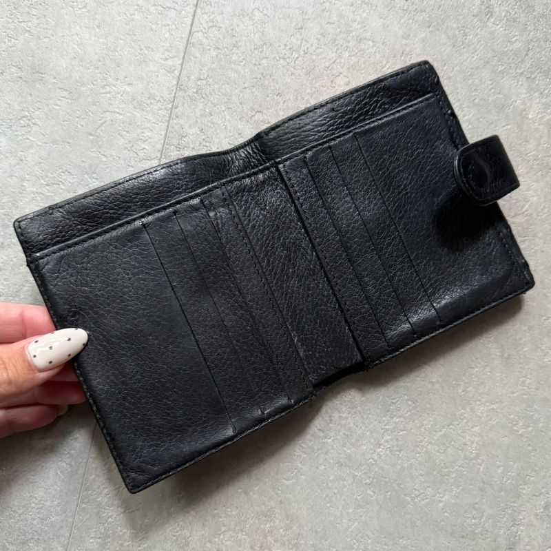 Chanel Stitching Coco Mark W Hook Bifold Wallet Leather Black Compact Wallet