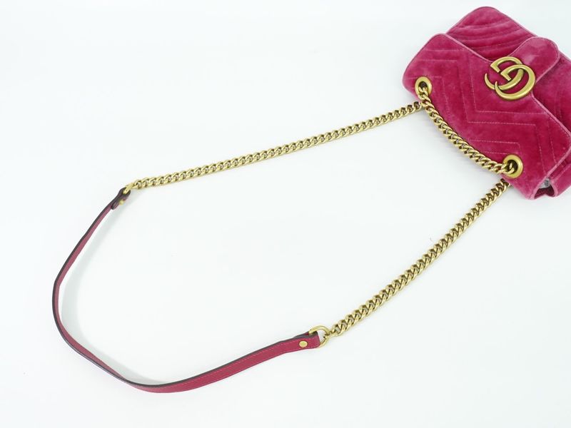 Authentic Gucci GG Marmont Chain Shoulder Bag Pochette Velour Pink 446744 Bag