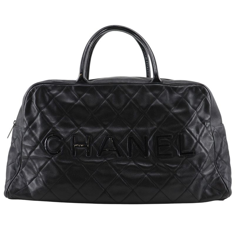 Chanel Matelasse Logo Caviar Skin And Enamel Black Women's Boston Bag
