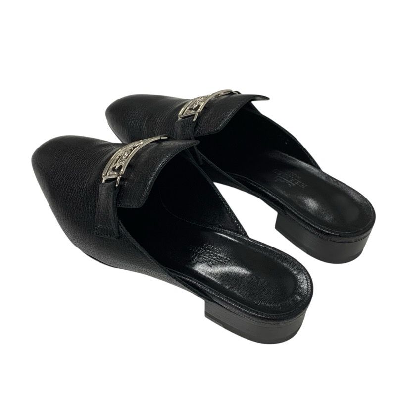 Hermes Vincennes Sandals Shoes Leather Black Silver Mule Carriage Hardware