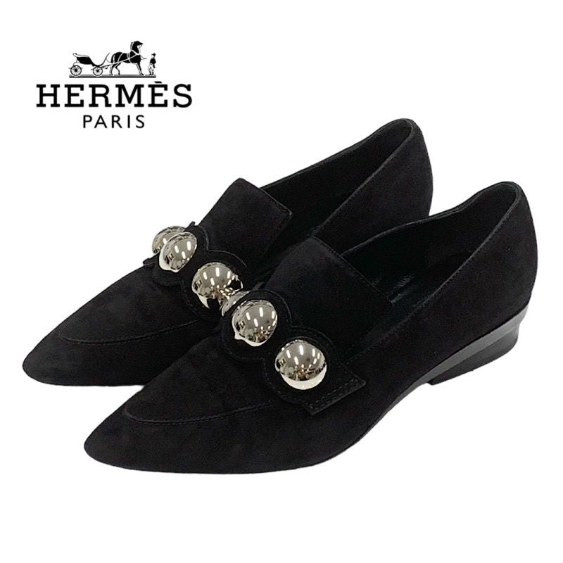 Hermes Loafers Leather Shoes Suede Black Silver Round Studs Flat Shoes