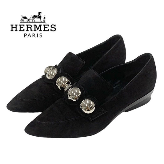 Hermes Loafers Leather Shoes Suede Black Silver Round Studs Flat Shoes