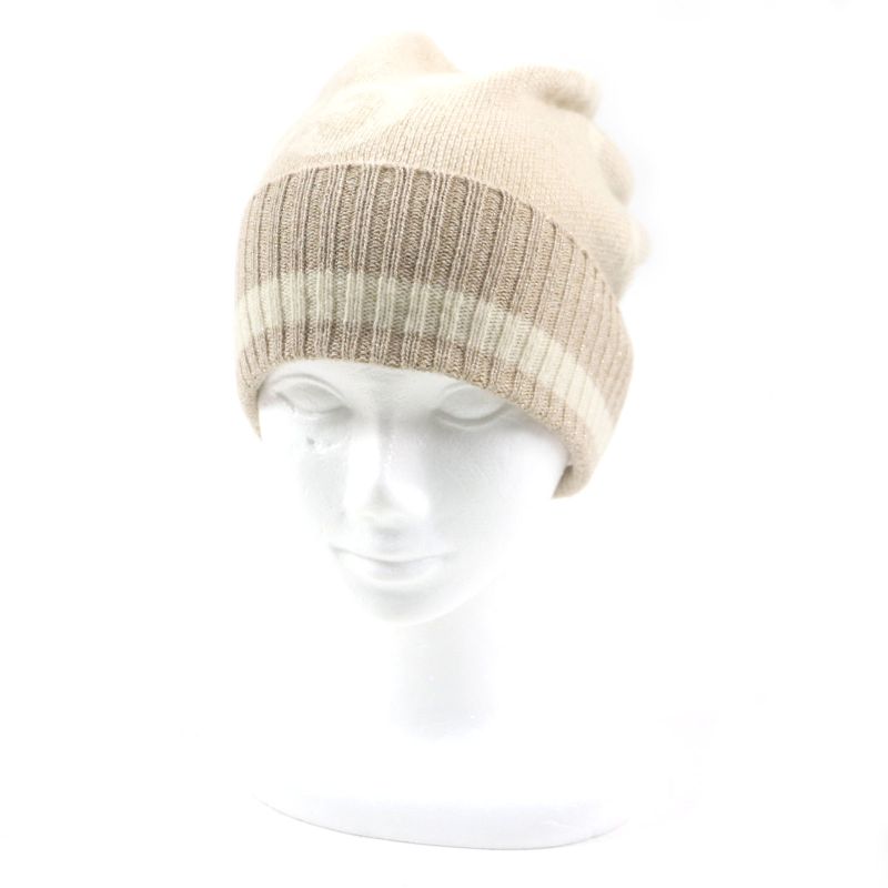 Gucci 765053 GG Cashmere Jacquard Cap Knit Hat Current Camel White M (57 21cm