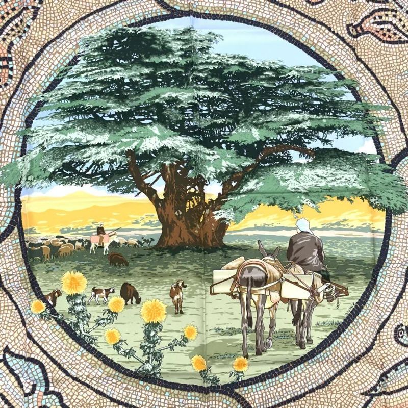 Hermes Carre 90 SOUS LE Cedre Silk Scarf Under Himalayan Cedars