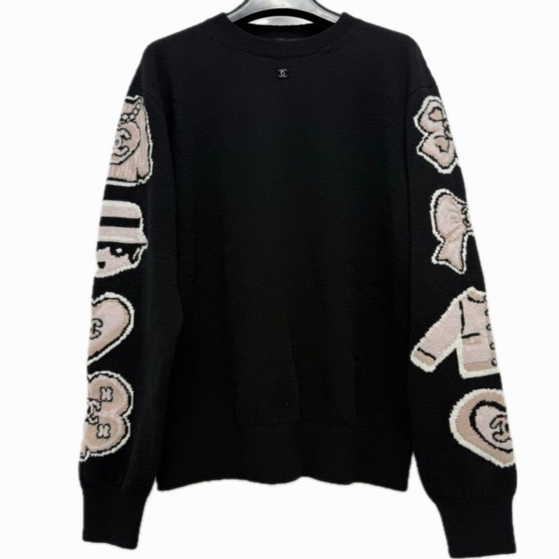 Chanel Sweater Street Coco Mark Ribbon Heart P80299 Cashmere Black
