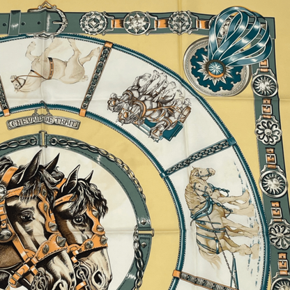 Hermes Carre 90 Chevaux DE Trait Cart Horse Scarf Silk Yellow