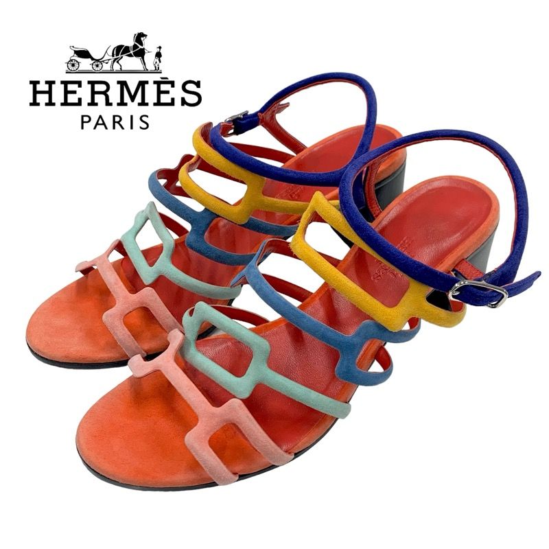 Hermes Sandals Shoes Suede Multicolor Square