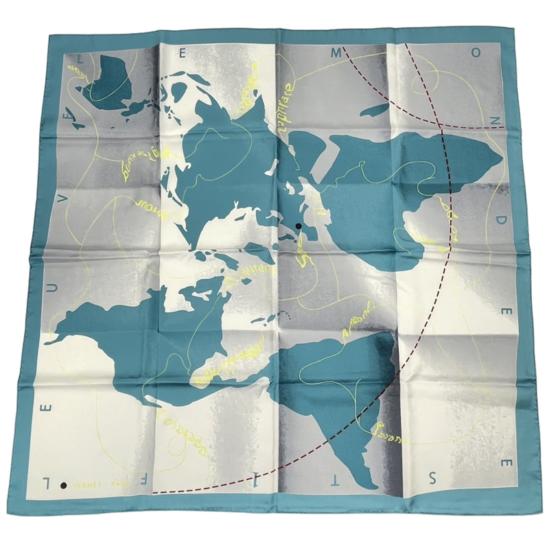 Hermes Carre 90 Scarf Map-patterned Silk Blue