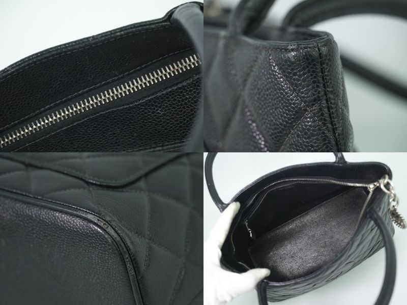 Authentic Chanel Coco Mark Revival Tote Handbag Caviar Skin Leather Black Coco