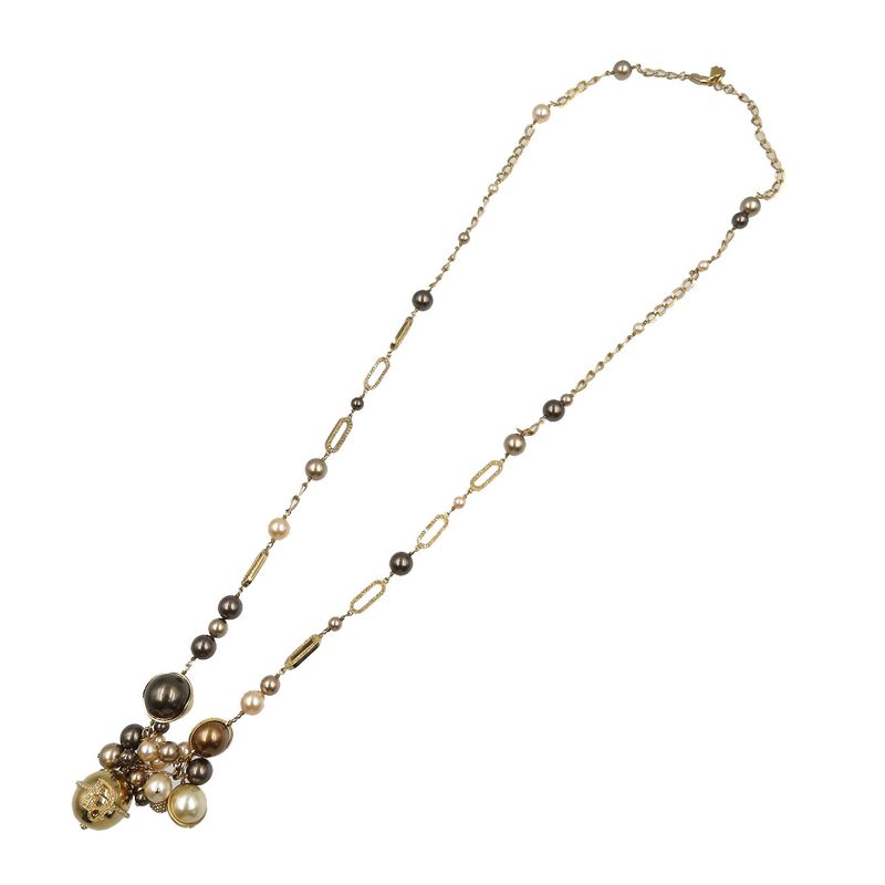 Christian Dior Pearl Chain Metal Faux Pearl Gold White Brown Necklace 0088