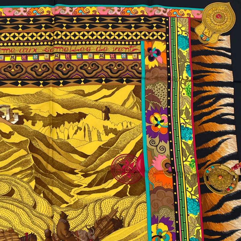 Hermes Carree 90 La Femme Aux Femmes Aux Winds Footsteps Woman Scarf Black