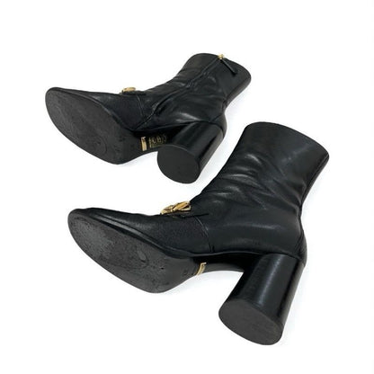 Gucci Boots Short Shoes Leather Black Gold Chain Belt