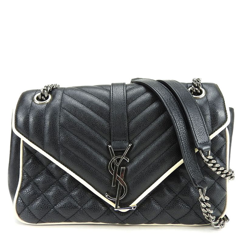 Saint Laurent Shoulder Bag Satchel Envelope Leather Black Ivory Silver Hardware