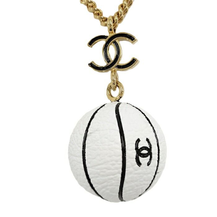 Chanel Necklace Basketball Motif Coco Mark Plated Gold White B24C