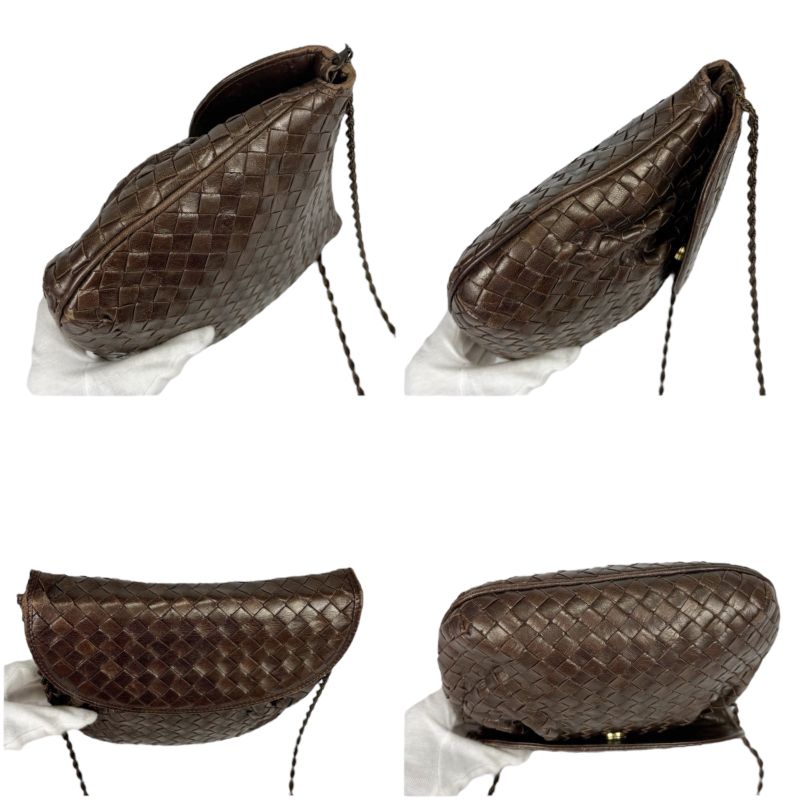 Bottega Veneta Chain Shoulder Bag Pochette Intrecciato Leather Brown Gold