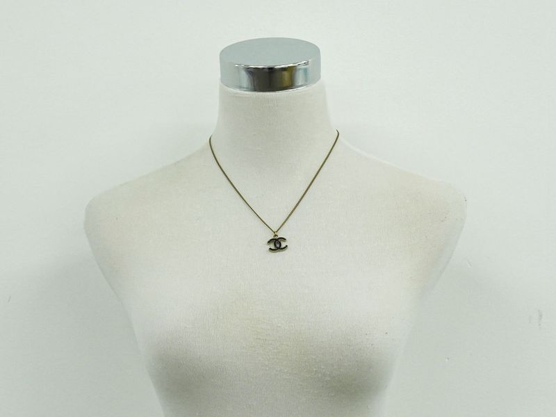 Authentic Chanel Coco Mark Necklace Pendant GP Gold Plated Black Accessories