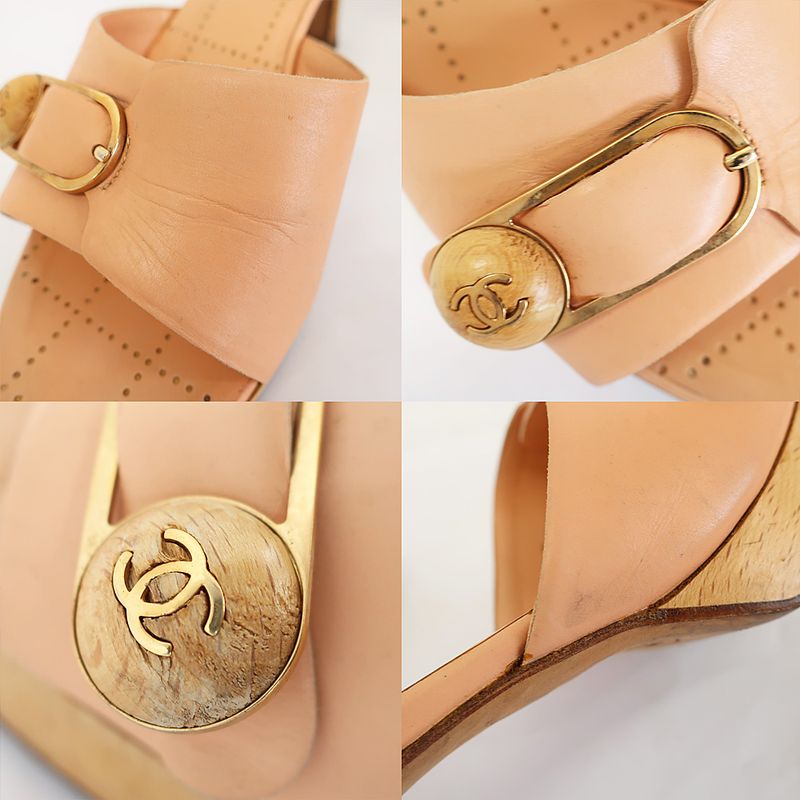 Chanel Sandals Mule Wood Button Coco Mark Pink Beige Size 35.5 22.5cm