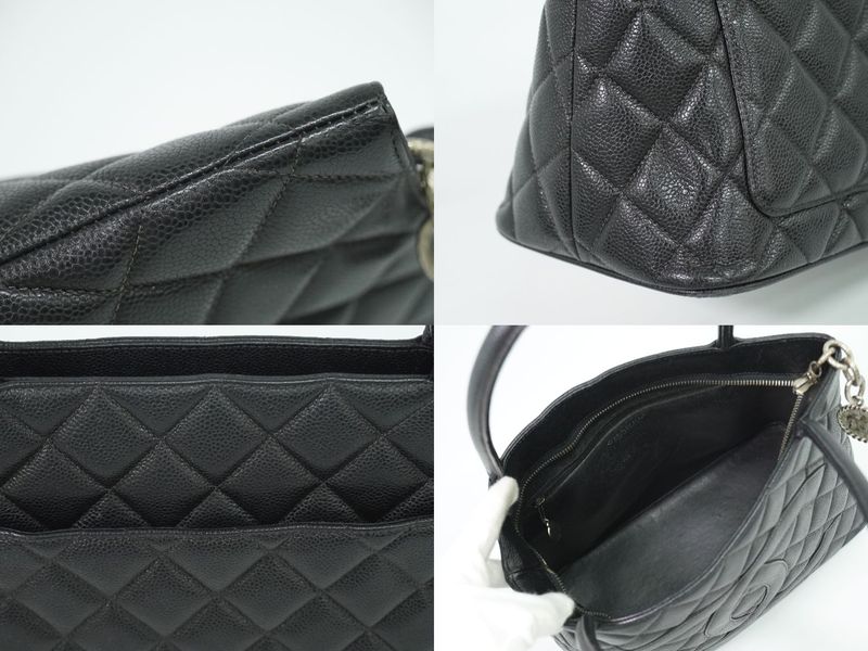 Authentic Chanel Coco Mark Revival Tote Handbag Caviar Skin Leather Black Coco