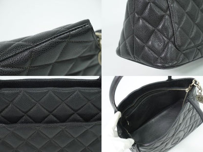 Authentic Chanel Coco Mark Revival Tote Handbag Caviar Skin Leather Black Coco