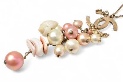 Chanel Long Necklace Pendant Chnael Coco CC Pearl Shell Motif Antique Gold Rose