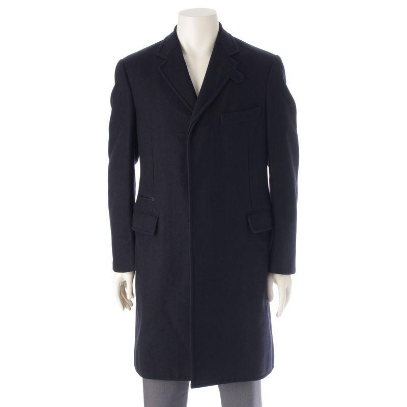 Hermes Wool Cashmere Herringbone Chester Coat Outerwear Navy 48