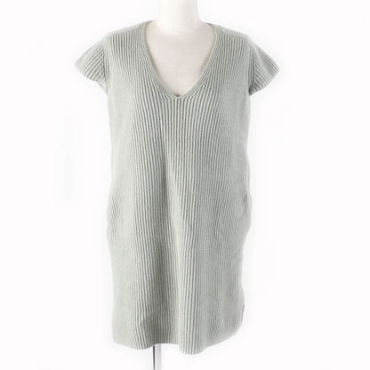 Hermes Cashmere Blend V-neck French Sleeve Ribbed Knit Tunic Dress Gray 36 Made