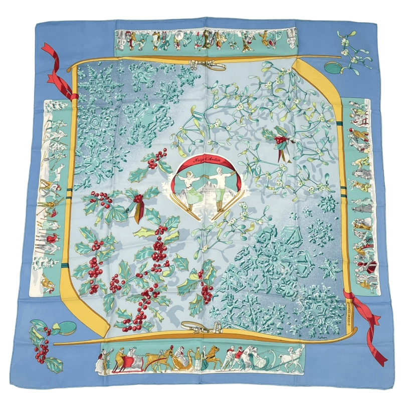 Hermes Carre 90 Neige D'antan Last Year's Snow 100% Silk Scarf Blue