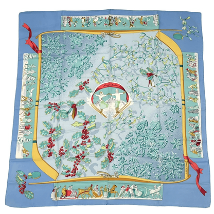 Hermes Carre 90 Neige D'antan Last Year's Snow 100% Silk Scarf Blue