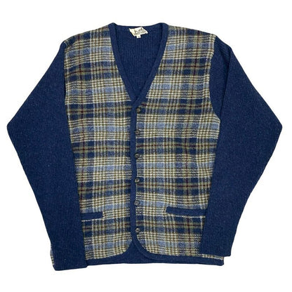 Hermes Check Pattern Wool Knit Cardigan M Size Men's Navy Multicolor 71131