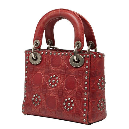 Dior Canage Lady Dior Mini Studded Handbag Chain Shoulder Bag 2WAY Red Leather