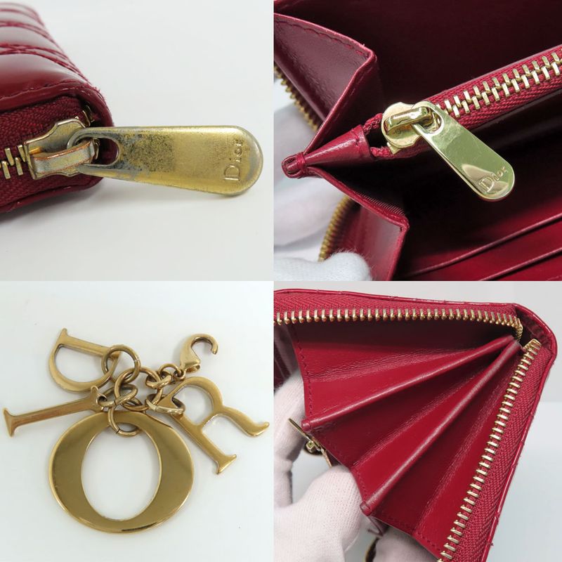 Dior Canage Round Zipper Long Wallet Lady Red Gold Hardware Charm