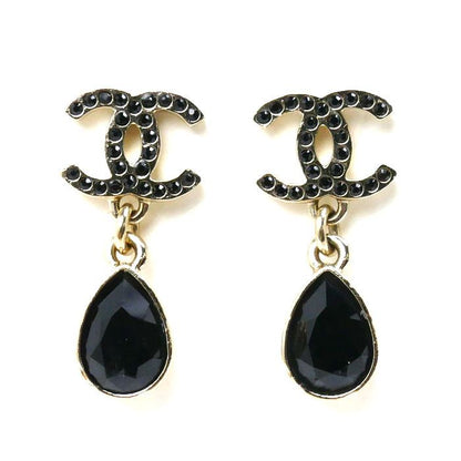 Chanel Metal Coco Mark Black Stone Earrings Ladies Pre-owned
