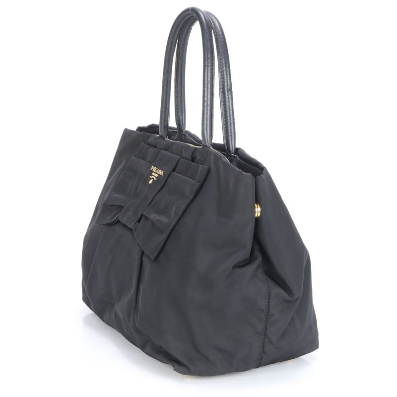 Prada Tessuto Nylon Ribbon Design Leather Tote Bag Shoulder Hand Black Women