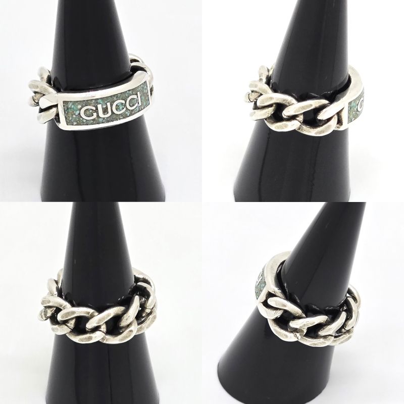 Gucci 678711 Logo Plate Golmet Chain Ring 10 Approx 10 Enamel Greenish Color