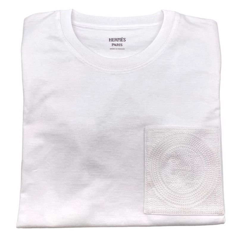 Hermes T-Shirt Embroidered Pocket White Cotton Jersey 100% Cotton 《mosaic》