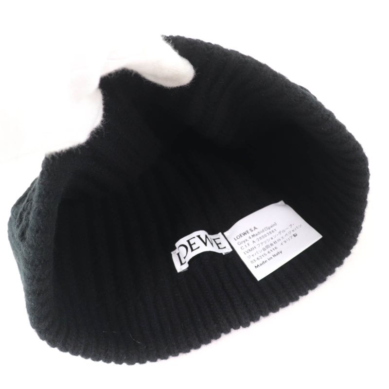 LOEWE Ksa9ot7x01 100% Wool Logo Embroidered Beanie Knit Hat Knit Cap Black Made