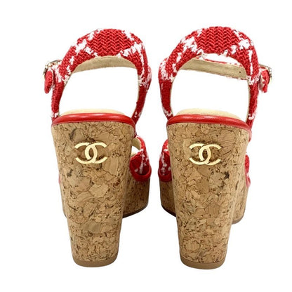 Chanel Sandals Shoes Tweed Cork Red White Unused Here Mark
